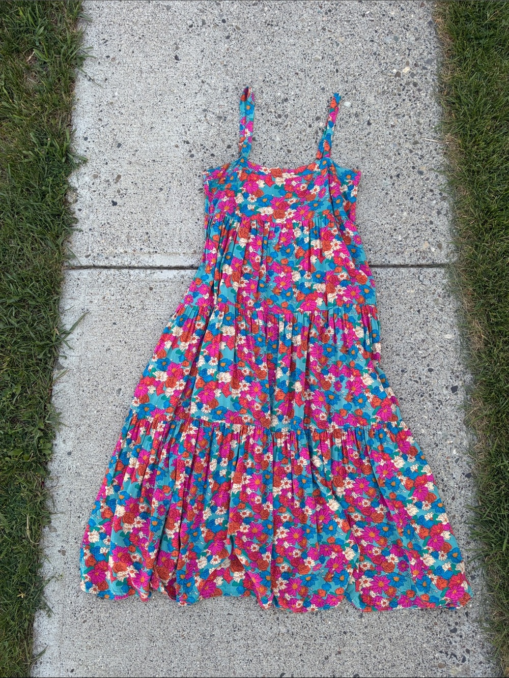 NATURAL LIFE Teal Floral Dress with Pink & Blue Blooms Sz Extra Small
